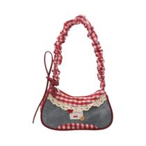 Bolsa De Ombro Grande Em Tecido Xadrez Azul Denim Com Renda E Laço, Bolsa Estilo Francês Doce E