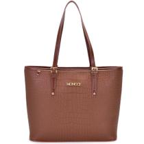 Bolsa de ombro grande forrada fivela Moncci estampa croco caramelo preto bege