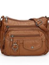 Bolsa de ombro transversal feminina de couro PU macio marrom 26x8x19cm
