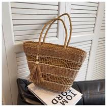Bolsa de palha com borla, bolsa de ombro, bolsa de praia, bolsa versátil de grande capacidade