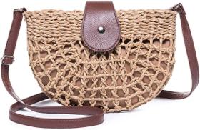 Bolsa de palha crossbody novo fofo fresco oco pequeno balde redondo semicircular bolsa de palha bolsa de ombro pendurada casual tecido marrom claro