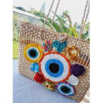 Bolsa de Palha Customizada com Olho Grego e Flores de Crochê. Bolsa de Palha Customizada com Olho Grego e Flores de Crochê.