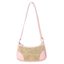 Bolsa de palha e couro pu retangular pequena feminina zíper