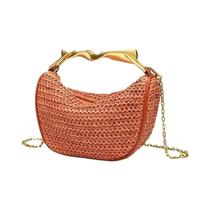 Bolsa De Palha Feminina Boêmia Com Alça De Metal, Bolsa De Praia Transversal De Ombro Em Rattan