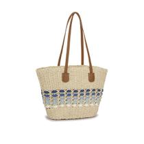 Bolsa de Palha Feminina de Ombro com Detalhe Azul Estilo Praia e Verão Bolsa de Palha Feminina de Ombro com Detalhe Azul Estilo Praia e Verão