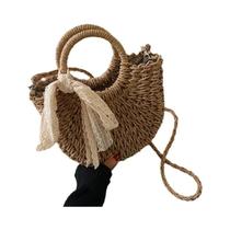 Bolsa De Palha Grande Para Mulheres, Forma De Lua, Laço De Renda, Bolsa Transversal De Rattan