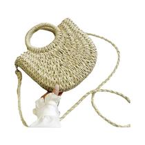 Bolsa De Palha Trançada Grande Para Mulheres, Formato De Lua, Com Laço De Renda, Bolsa Transversal