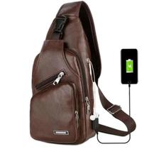 Bolsa de Peito Masculina Casual - Couro PU, USB, Crossbody