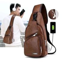 Bolsa de Peito Masculina Casual - Couro PU, USB, Crossbody