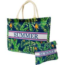 Bolsa De Praia Azul Estampada Colorida Com Flores Pássaros