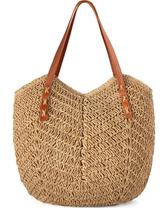 Bolsa de praia de palha Loiyadn Large para mulheres com zíper cáqui Bolsa de praia de palha Loiyadn Large para mulheres com zíper cáqui
