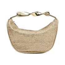 Bolsa De Praia Feminina Boêmia De Palha Com Alça De Metal, Formato Meia-Lua, Em Rattan Trançado, Com