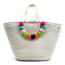 Bolsa de praia feminina luxo alça mão pompom com zíper bege - Generica Bolsa de praia feminina luxo alça mão pompom com zíper bege - Generica