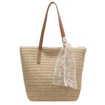 Bolsa de praia genérica feminina, bolsa de palha grande com zíper branca