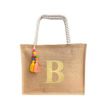 Bolsa De Praia Juta Personalizada Com Letra Inicial Dourada