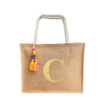 Bolsa De Praia Juta Personalizada Com Letra Inicial Dourada