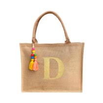 Bolsa De Praia Juta Personalizada Com Letra Inicial Dourada