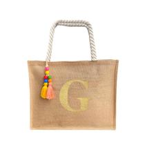 Bolsa De Praia Juta Personalizada Com Letra Inicial Dourada