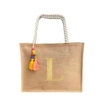 Bolsa De Praia Juta Personalizada Com Letra Inicial Dourada