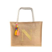 Bolsa De Praia Juta Personalizada Com Letra Inicial Dourada