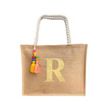 Bolsa De Praia Juta Personalizada Com Letra Inicial Dourada