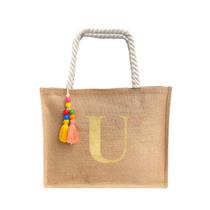 Bolsa De Praia Juta Personalizada Com Letra Inicial Dourada