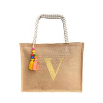 Bolsa De Praia Juta Personalizada Com Letra Inicial Dourada