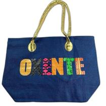 Bolsa De Praia Palha Feminina Com Zíper De Ombro Oxente Sacola Ecobag Tote Juta Com Alça Dourada azul