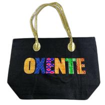 Bolsa De Praia Palha Feminina Com Zíper De Ombro Oxente Sacola Ecobag Tote Juta Com Alça Dourada preto