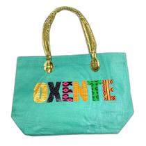 Bolsa De Praia Palha Feminina Com Zíper De Ombro Oxente Sacola Ecobag Tote Juta Com Alça Dourada verdeagua