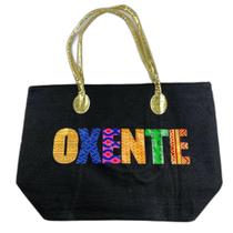 Bolsa De Praia Palha Feminina Com Zíper De Ombro Oxente Sacola Ecobag Tote Juta com Alça Dourada
