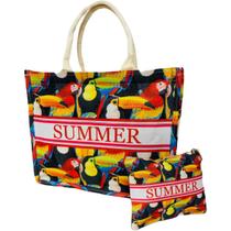 Bolsa De Praia Preta Estampada Colorida Com Flores Pássaros