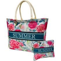 Bolsa De Praia Rosa Estampada Colorida Com Flores Pássaros