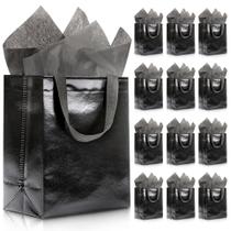 Bolsa de presente KeerXunbag reutilizável preta brilhante com papel de seda Bolsa de presente KeerXunbag reutilizável preta brilhante com papel de seda