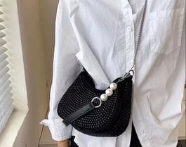 Bolsa De Strass Luxo Com Duas Alças Curta E Longa Detalhe Pérolas Meia Lua