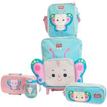 Bolsa Escolar c Rodinhas, Lancheira Térmica, Estojo Duplo, Marmita e Copo Infantil Borboleta