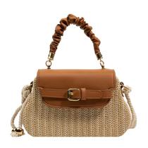 Bolsa Estilosa de Palha e Couro PU feminina elegante bolsa de ombro bolsa crossbody