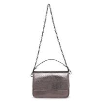 Bolsa Feminina Alça Corrente E De Mão Croco Verniz Grafite Festa