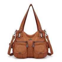 Bolsa feminina Angelkiss, grande, de couro poliuretano lavado, marrom