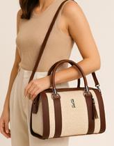 Bolsa Feminina Baú Focus Palha Bicolor Ajustável Transversal Forrada Sintético
