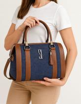 Bolsa Feminina Baú Jeans material ecológico Bicolor Casual Tiracolo Transversal Ajustável