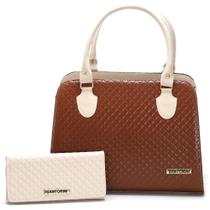 Bolsa Feminina bicolor mais carteira Metalassê, com alça transversal Santorini Handbag Creme/Marrom