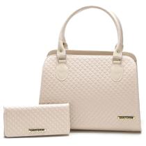 Bolsa Feminina bicolor mais carteira Metalassê, com alça transversal Santorini Handbag Creme