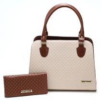 Bolsa Feminina bicolor mais carteira Metalassê, com alça transversal Santorini Handbag Marrom/creme