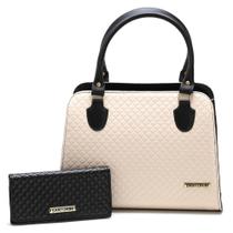 Bolsa Feminina bicolor mais carteira Metalassê, com alça transversal Santorini Handbag Preto/Creme