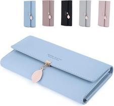 Bolsa feminina, carteira feminina com vários compartimentos para cartões, carteira longa de couro PU com pingente de folha, porta-cartões, bolso para telefone, bolsa com zíper, moedas, azul claro Bolsa feminina, carteira feminina com vários compartimentos para cartões, carteira longa de couro PU com pingente de folha, porta-cartões, bolso para telefone, bolsa com zíper, moedas, azul claro