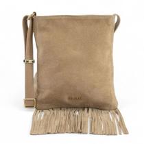 Bolsa Feminina Classe Couro e Camurça Crossbody com Franja Alça Ajustável