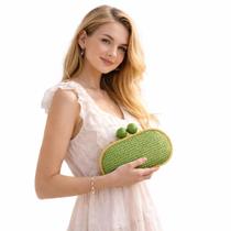 Bolsa Feminina Clutch Artesanal em Palha com Fecho de Madeira Cor:Verde