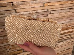 Bolsa Feminina Clutch Festa Bordada Pérola Dourada E Prata