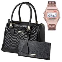 Bolsa Feminina Colmeia Transversal e de Mão Acabamento em Matelasse Preta com Relógio Digital de Pulso Rose Bolsa Feminina Colmeia Transversal e de Mão Acabamento em Matelasse Preta com Relógio Digital de Pulso Rose